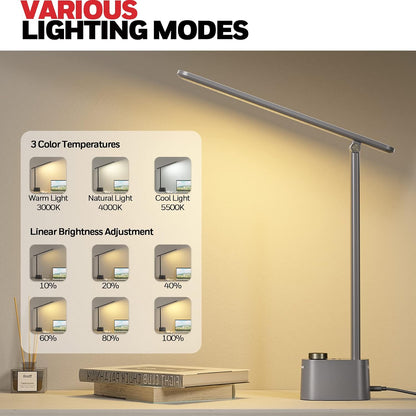 Honeywell Sunturalux™ LED Desk Lamp with USB Charging Ports HWT-H01 - Stepless Dimmable Eye Caring Desk Light for Home Office Bedroom Bedside College Dorm, Foldable Table Lamp Reading Lamp Black