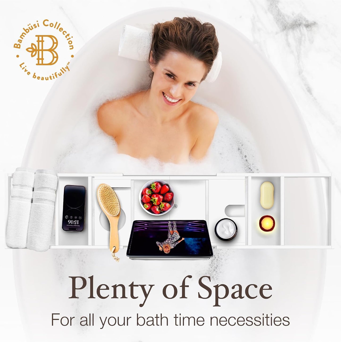 Bambüsi Bathtub Tray for Tub - Brown Bamboo Bath Tray, Expandable Wooden Bath Caddy Tray with Wine Holder, Book and Tablet Stand, Bathroom Accessories, Tub Table, Spa Bath Gifts for Women and Couples