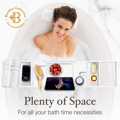 Bambüsi Bathtub Tray for Tub - Brown Bamboo Bath Tray, Expandable Wooden Bath Caddy Tray with Wine Holder, Book and Tablet Stand, Bathroom Accessories, Tub Table, Spa Bath Gifts for Women and Couples
