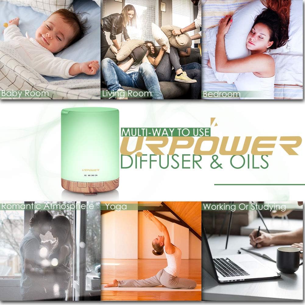 URPOWER 300ml Essential Oil Diffuser: Ultrasonic Aromatherapy Diffuser Quiet Auto Shut-Off, 4 Timer Settings(1H 3H 6H ON) & 7-Color Night Light Humidifier for Yoga Bedroom Living Room Office