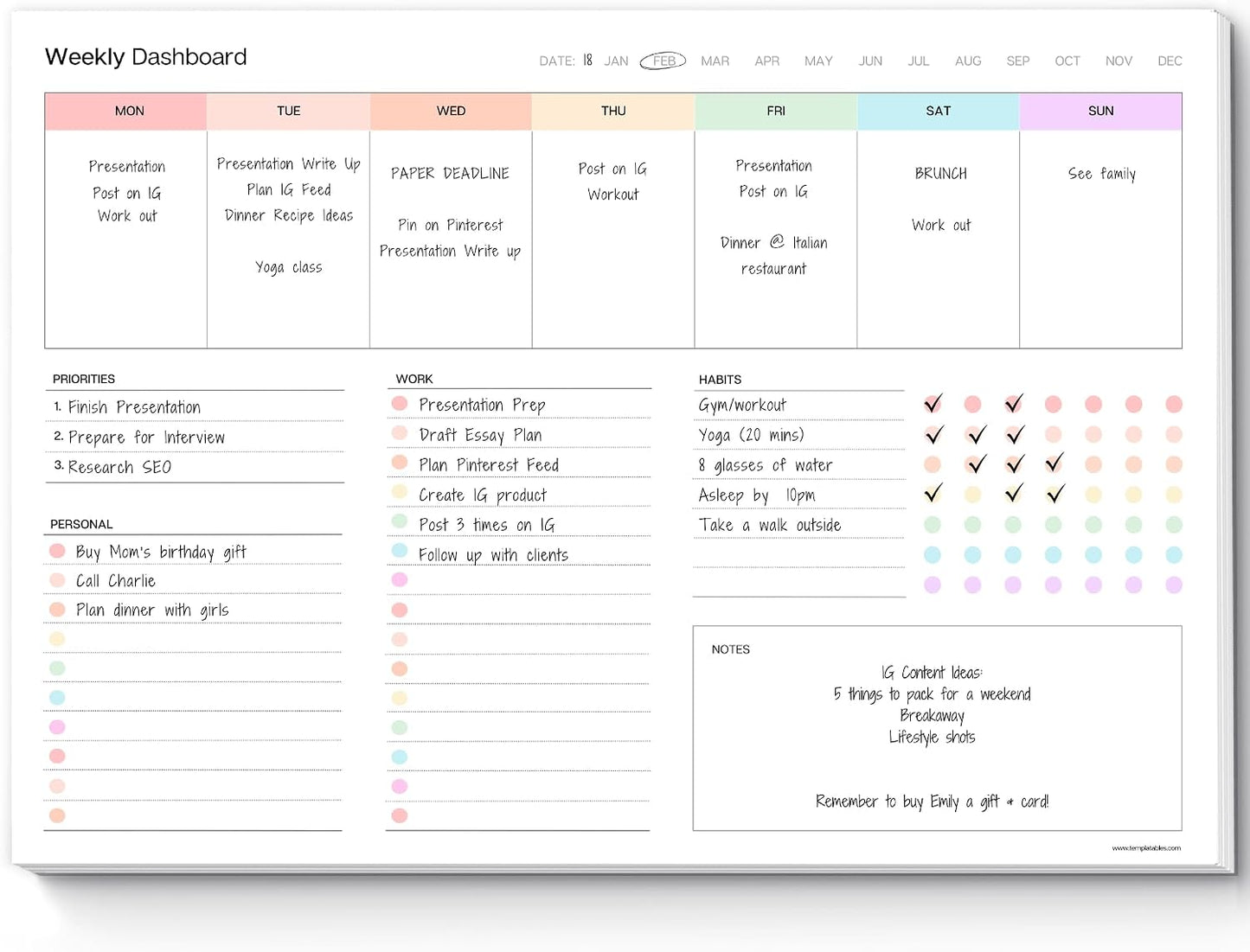 Weekly Dashboard To-Do List Notepad – Undated Weekly Planner with Habit Tracker & Notes – Minimalist A4 Layout for Productivity, Organization & Time Management (Colorful)