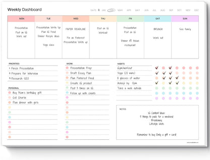 Weekly Dashboard To-Do List Notepad – Undated Weekly Planner with Habit Tracker & Notes – Minimalist A4 Layout for Productivity, Organization & Time Management (Colorful)