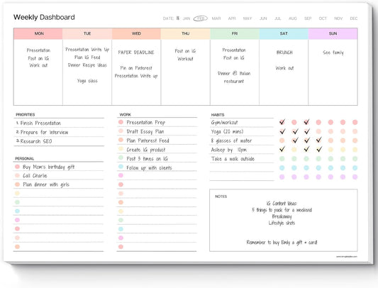 Weekly Dashboard To-Do List Notepad – Undated Weekly Planner with Habit Tracker & Notes – Minimalist A4 Layout for Productivity, Organization & Time Management (Colorful)