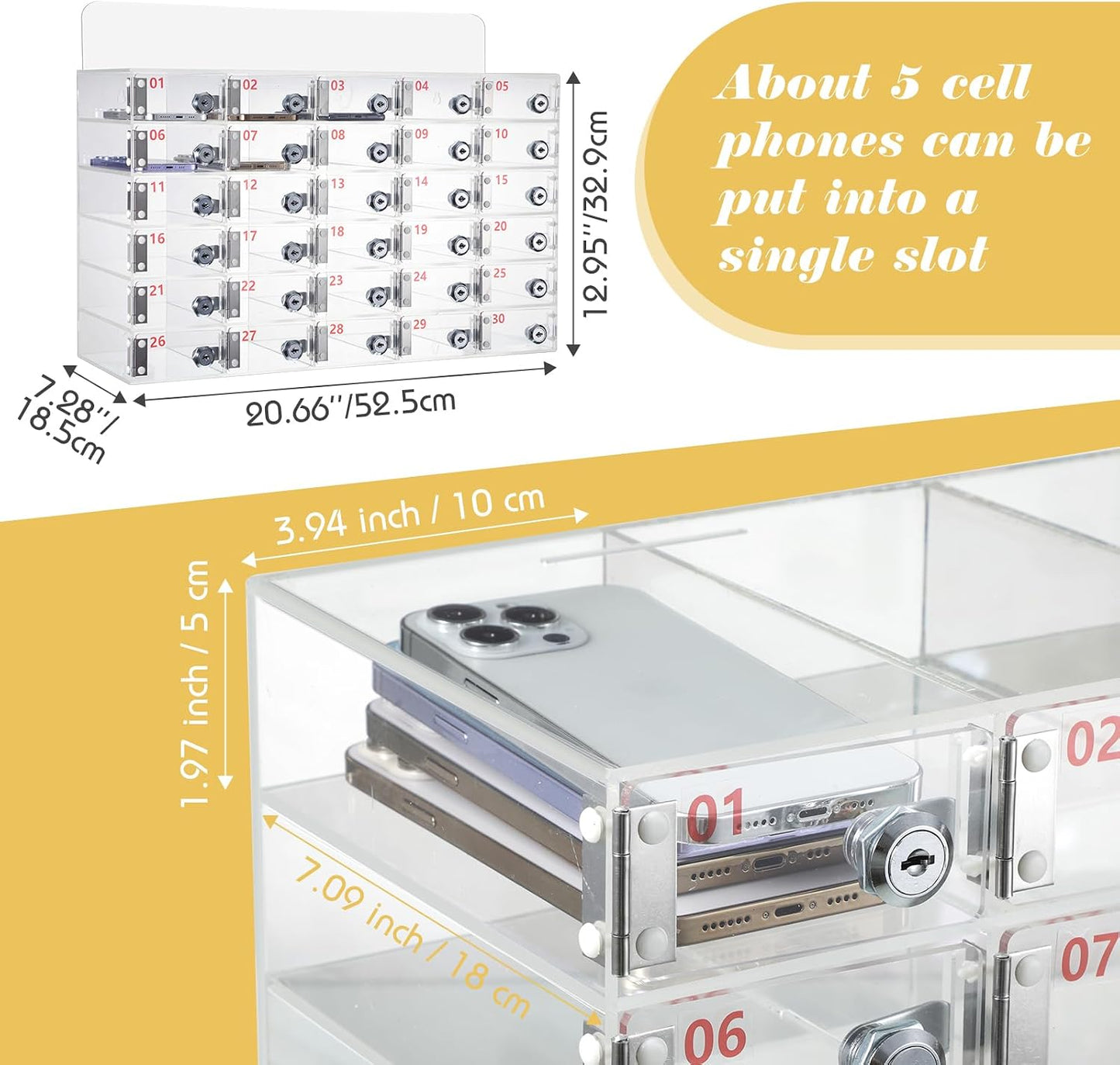 Threan 12 Slot Cell Phone Storage Box, Acrylic Clear Cell Phone Storage Cabinet Wall Mounted with Door, Locks and Keys for Office School Factory
