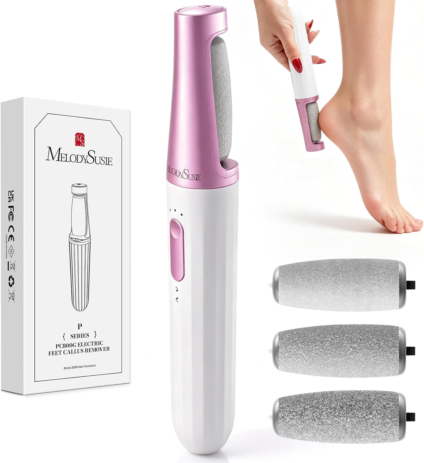 MelodySusie Electric Callus Remover for Feet, PC800G Waterproof Rechargeable Pedicure Tool with Light & 3 Different Grits Roller Heads & Adjustable Speeds, for Dead Skin & Cracked Heel (Pink Rose)
