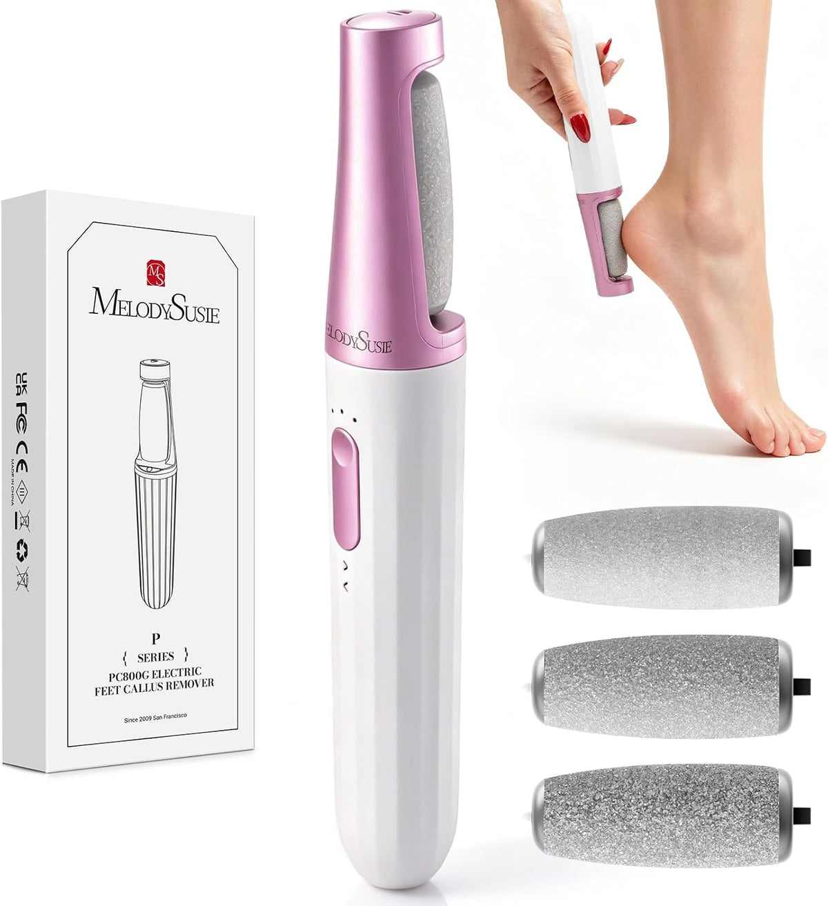MelodySusie Electric Callus Remover for Feet, PC800G Waterproof Rechargeable Pedicure Tool with Light & 3 Different Grits Roller Heads & Adjustable Speeds, for Dead Skin & Cracked Heel (Pink Rose)