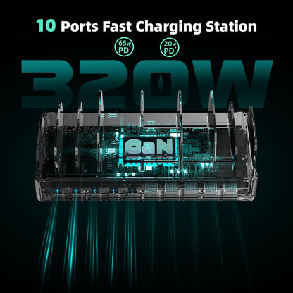 Zobirez 420W 10-Port Fast USB Charging Station for Multiple Devices, Black