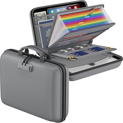 DocSafe Fireproof File Organizer with Lock, Hard-Shell Case Fireproof Document Box with 13 Pocket Accordion File Folder, Portable Home Office Travel Safe Storage for Important Documents Laptop Beige