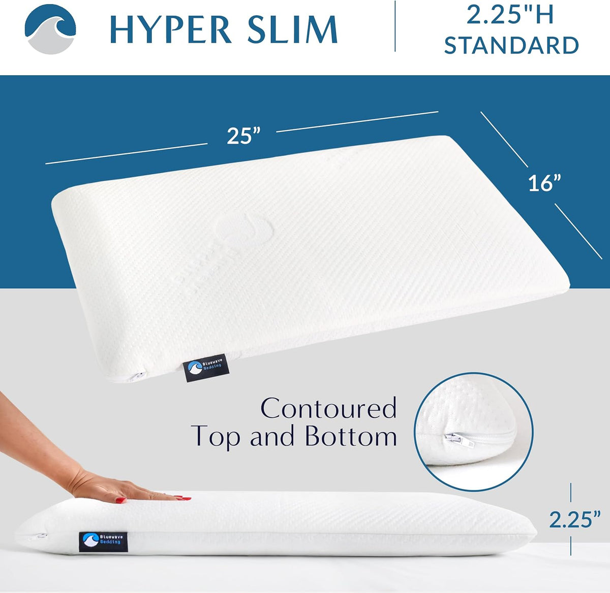 Bluewave Bedding Ultra Slim Max Cool CarbonBlue Gel Memory Foam Pillow for Stomach and Back Sleepers - Thin, Flat Design with Advanced Cooling (2.75-Inch Height, Standard Size)