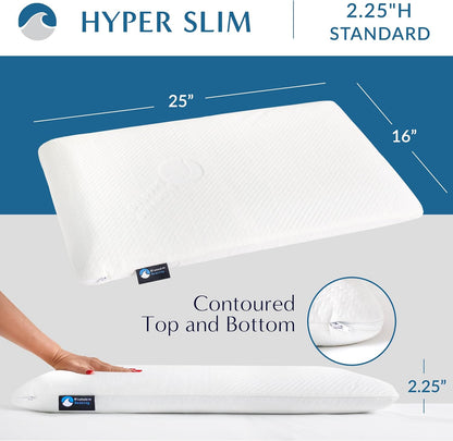 Bluewave Bedding Ultra Slim Max Cool CarbonBlue Gel Memory Foam Pillow for Stomach and Back Sleepers - Thin, Flat Design with Advanced Cooling (2.75-Inch Height, Standard Size)