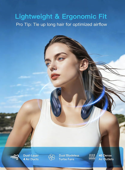Neck Air Conditioner Portable, Neck Fan with Large Cooling Plate | NTC Control,Upward Downward Back Airflow, 6000mAh Bladeless Wearable Fan for Outdoor, Travel, Office, Golf (Blue)