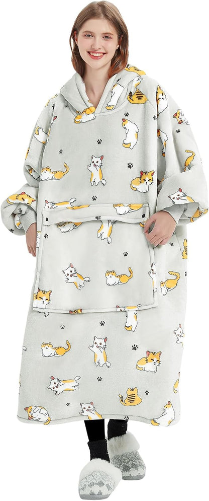 KFUBUO Wearable Blanket Hoodie for Adults Sherpa All Patterns Cat Oversized Sweatshirt Blanket with Pockets for Women