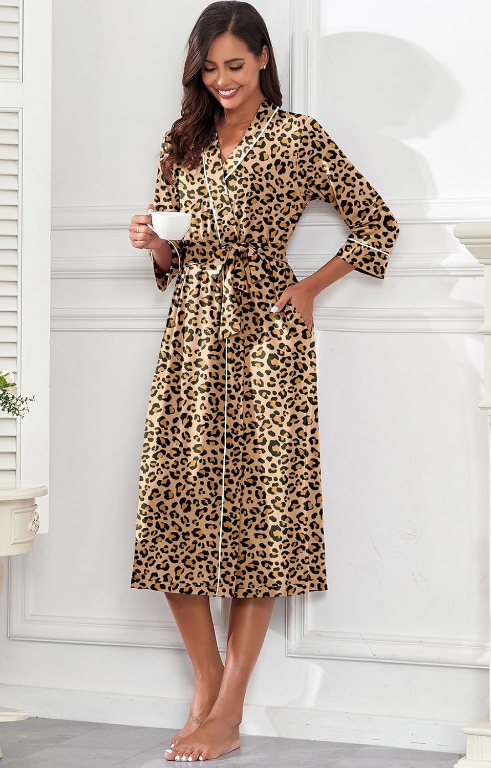 PrinStory Robes for Women 3/4 Sleeve Long Bath Robe XS-4XL