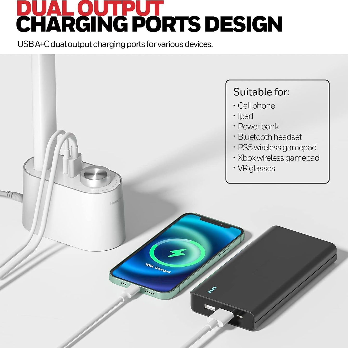 Honeywell Sunturalux™ LED Desk Lamp with USB Charging Ports HWT-H01 - Stepless Dimmable Eye Caring Desk Light for Home Office Bedroom Bedside College Dorm, Foldable Table Lamp Reading Lamp Black