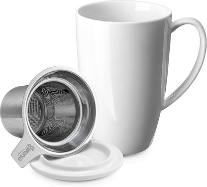 Sweese 15oz Porcelain Tea Mug with Infuser and Lid – Microwave Safe, Ergonomic Handle, Lead-Free Glaze, for Loose Leaf Tea