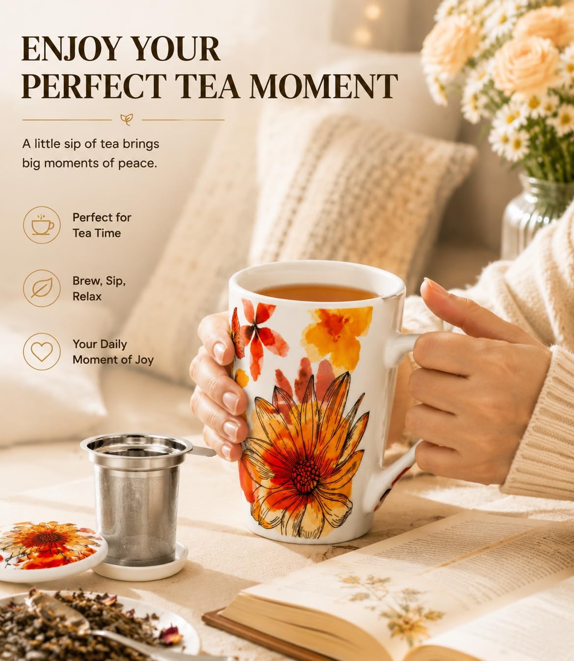 GBhome Tea Mug with Infuser and Lid, 18 Ounce Large Ceramic Loose Leaf Cup, Microwave, Dishwasher Safe, Perfect for Tea Lovers