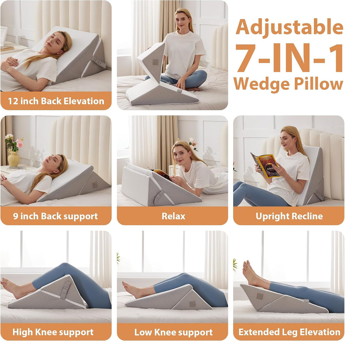 BIEEZZK Wedge Pillow Set for After Surgery, Wedge Pillow for Acid Reflux, Bed Wedge Pillow with Adjustable 9&12inch for Headboard,Sleeping, Orthopedic Memory Foam for Neck&Back Support, White/Grey