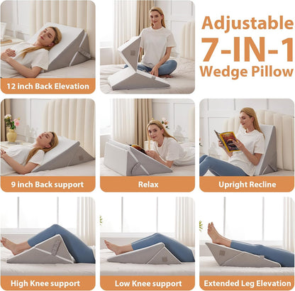 BIEEZZK Wedge Pillow Set for After Surgery, Wedge Pillow for Acid Reflux, Bed Wedge Pillow with Adjustable 9&12inch for Headboard,Sleeping, Orthopedic Memory Foam for Neck&Back Support, White/Grey