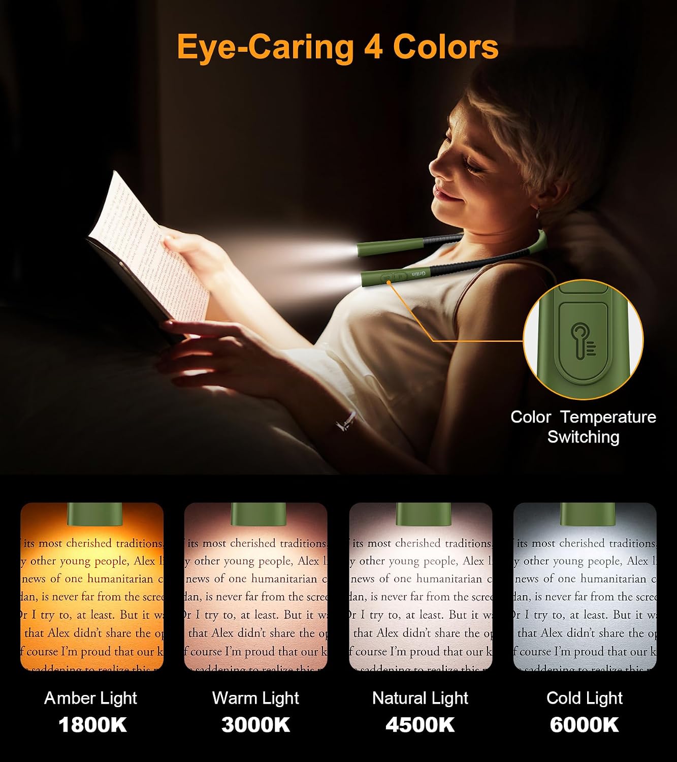 Gritin Book Light,Eye Caring 3 Colors & Stepless Dimming Neck Reading Light