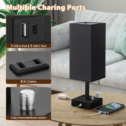 Bedside Table Lamps Set of 2 for Bedroom - Dimmable, USB C+A, 2 AC Outlets
