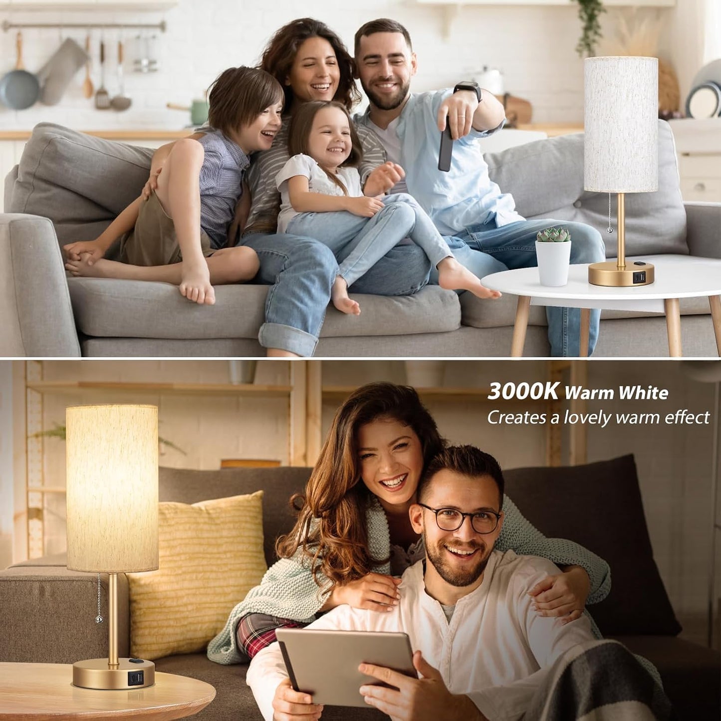 Small Bedside Table lamp for Bedroom - 3 Color Temperatures Bedside Lamps with USB C and A Ports, Pull Chain Table Lamps with AC Outlet, White Nightstand Lamps with Black Metal Base for Kids Reading