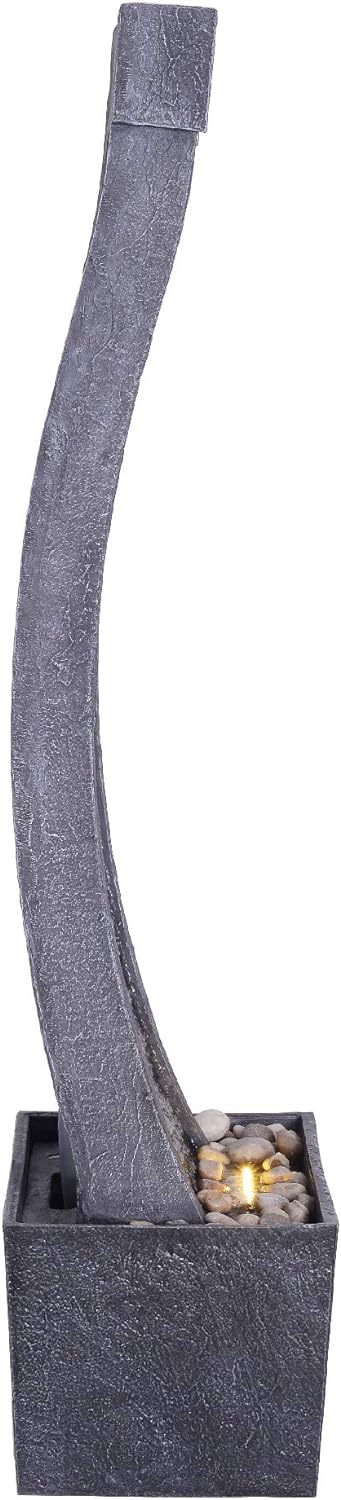 Teamson Home 38.58 in. Modern Curved Faux Slate Waterfall Fountain for Indoors or Outdoors with LED Light Accents and 1.98-Gallon Pump, Black and Stone Gray | Freestanding Floor Garden Waterfall, LED Lights, Weatherproof Polyresin, For Patio & Yard