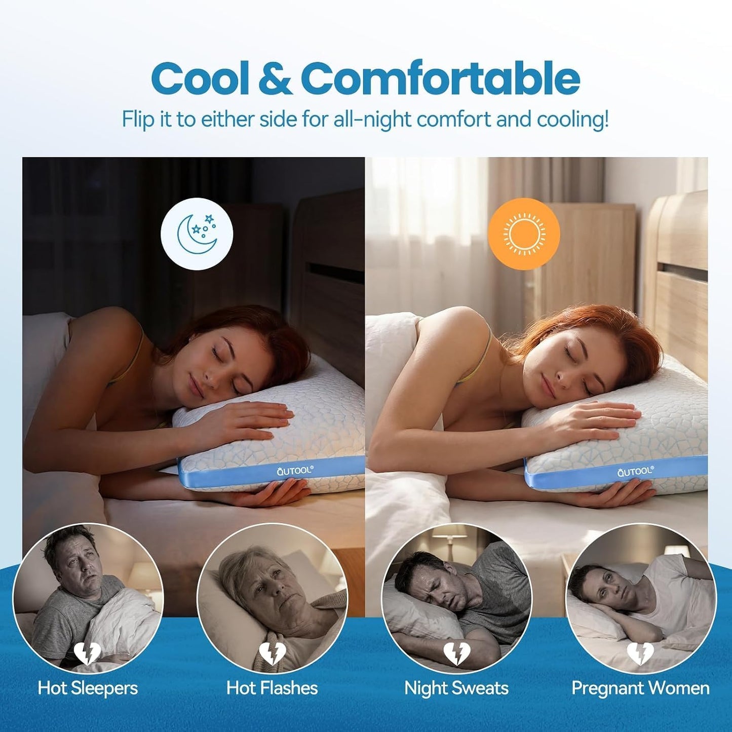QUTOOL Double Sided Cooling Pillow for Hot Sleepers, Shredded Memory Foam Pillows Queen Size Set of 2, Adjustable Soft & Firm Gel Bed Pillow for Side, Back, Stomach Sleepers