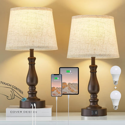 EJIAXIN Lamps for Bedrooms Set of 2, Brushed Nickel Bedside Lamps with USB C+A Ports,Dimmable Nightstand Lamps with Fabric Lampshade, Touch Table Lamp for Living Room Bedroom Office, Bulbs Included