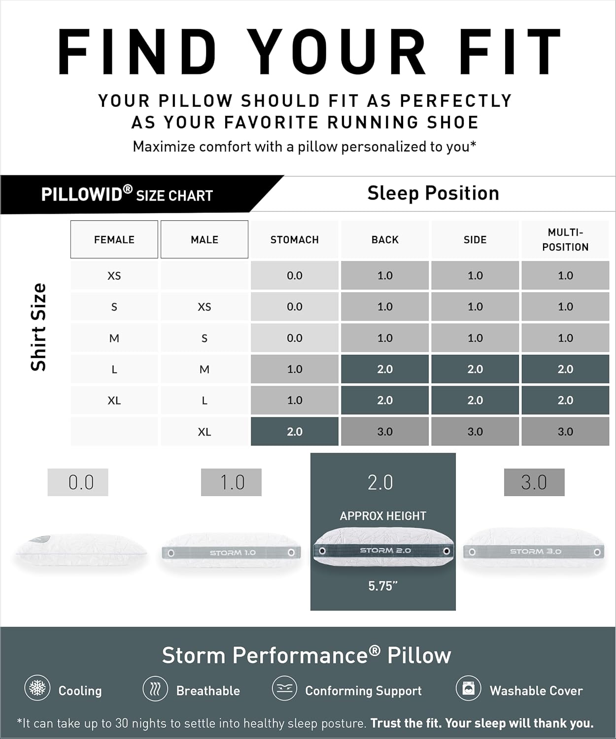 Bedgear Storm Performance Pillow, 1.0 Cooling Pillow for Side Sleepers, Medium Firm Support, Ver-Tex Cooling Cover, Air-X Mesh, Washable