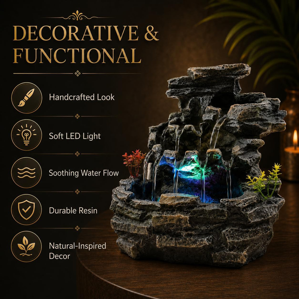 Indoor Tabletop Water Fountain with LED Light, Resin Rock-Look Waterfall Decor, Feng Shui Inspired Zen Fountain for Desk, Office, Bedroom, Living Room & Meditation Space (9" Cascading Rock)