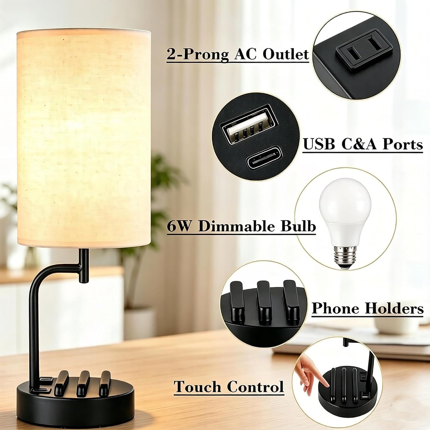 Dreamholder Touch Control USB Table Lamp with USB C/A & AC Outlet, 3-Way Dimmable Bedside Lamp, Modern Nightstand Lamps for Bedroom Living Room Guest Room Office, Bulb Included, Gold
