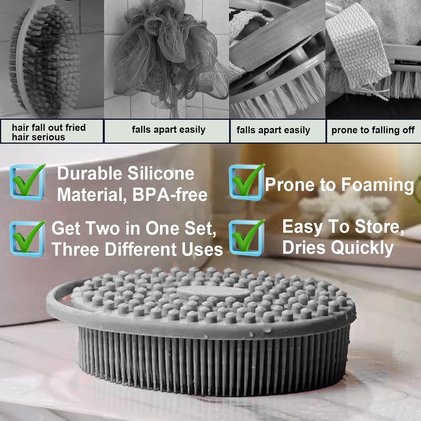 Silicone Body Scrubber – Dual-Sided Silicone Loofah for Shower, Set of 2 Soft Exfoliating Body Bath Shower Scrubber Loofah Brush Easy-to-Clean for Sensitive Kids Women Men All Kinds of Skin