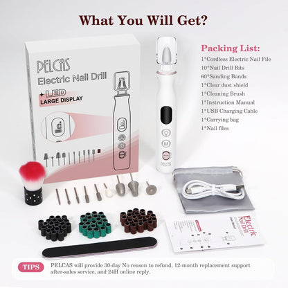 PELCAS Electric Nail Grinder, 10 Speeds Cordless Nail Drill with LED Light, Portable Manicure and Pedicure Kit, Nail File with LCD Screen for Human, Pet, Thick Toenails, Natural & Acrylic Nails Grey
