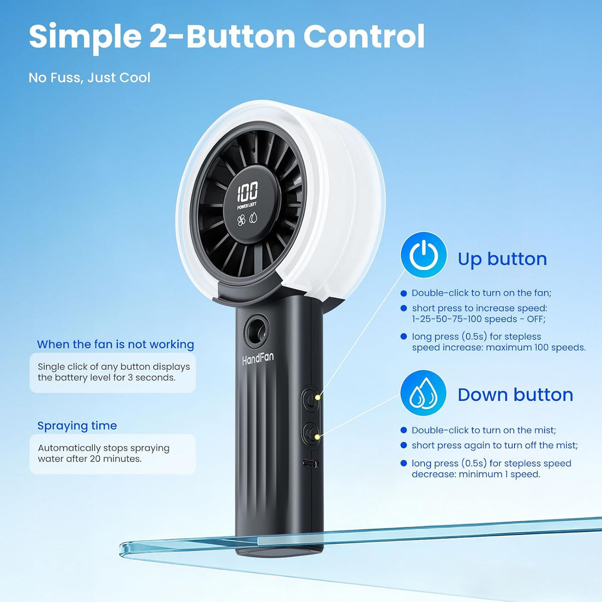 HandFan Upgraded Misting Fan with LED Display – Extreme Cooling Portable Handheld Fan with Water Mist Spray, 50% Stronger Airflow & Quieter, USB Rechargeable for Travel/Park/Disney/Beach/Concert/Game