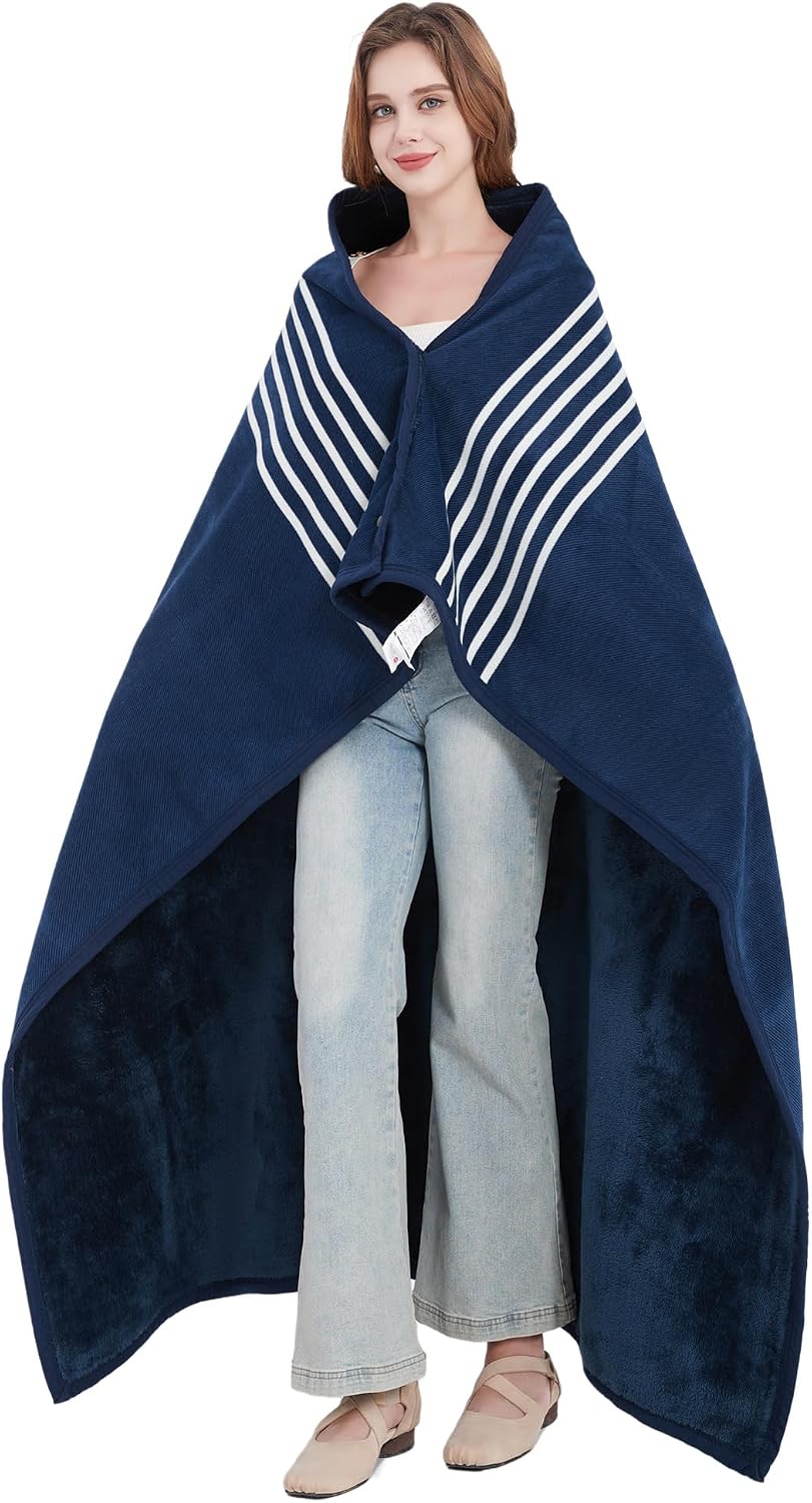 forestfish Fleece Wearable Blanket, Plaid Lap Blanket Comfy Poncho Throw with Buttons for Bed Sofa Office, Grey-White