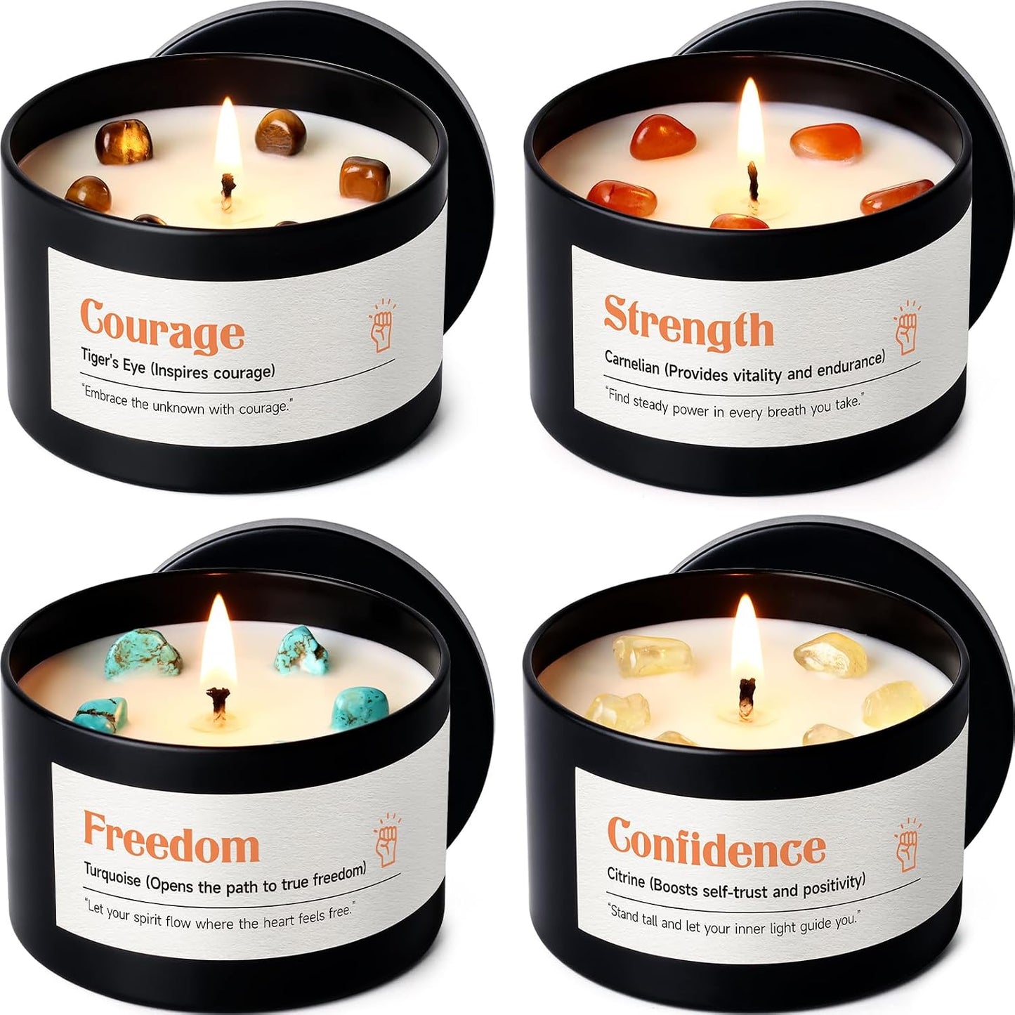 AOOVOO Crystal Energy Candles Set for Women - 4 Pack 26 oz Soy Wax Candles for Home Scented, 200 Hour Long Lasting Candle, Laughter Red Crystal/Love Rose Quartz/Joy Citrine/Passion Red Quartz