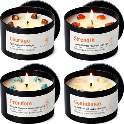 AOOVOO Crystal Energy Candles Set for Women - 4 Pack 26 oz Soy Wax Candles for Home Scented, 200 Hour Long Lasting Candle, Laughter Red Crystal/Love Rose Quartz/Joy Citrine/Passion Red Quartz