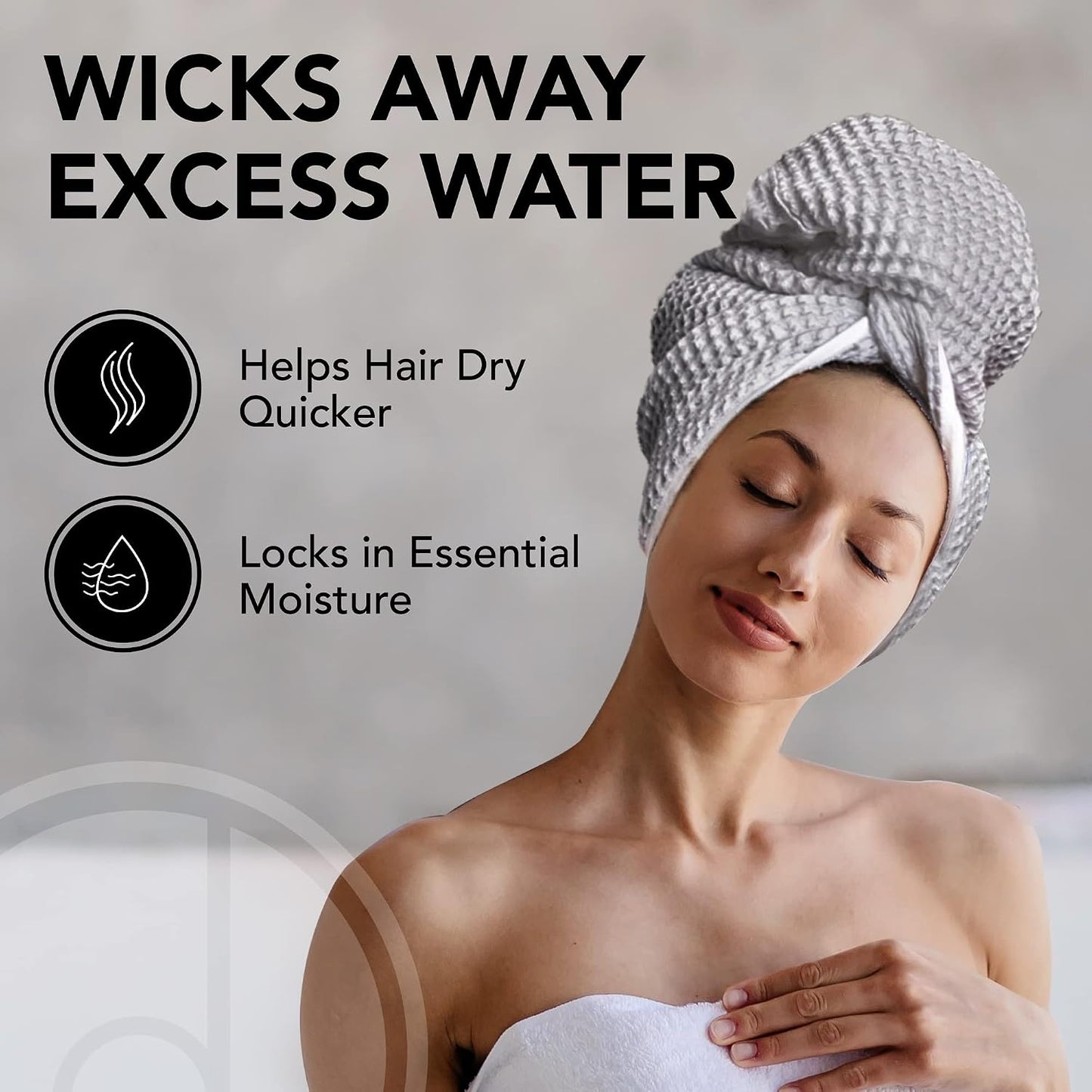 Microfiber Hair Wrap for Women - Extra Large 45 x 25 Quick-Dry Towel, Anti-Frizz, Breathable, Waffle Knit, Elastic Loop for Wet, Curly & Straight Styles - Grey - Microfiber Hair Towel