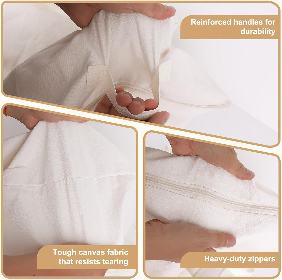Soft Large Canvas Storage Bags with Zipper. Thick Breathable. Four Carrying Handles and Window. Cotton Linen Storage for Pillows, Quilt, Blankets and Comforter, 80L, Beige