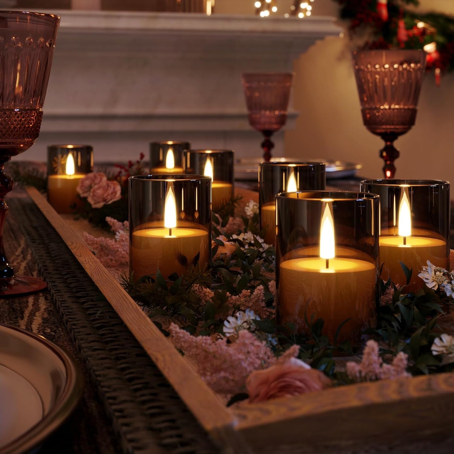 VIODAIM 12Pack Flickering Flameless LED Candles with Timer, Battery Powered - Small Pillar & Votive, Clear (2"X3")