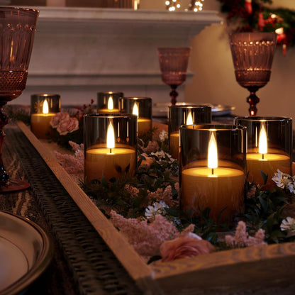 VIODAIM 12Pack Flickering Flameless LED Candles with Timer, Battery Powered - Small Pillar & Votive, Clear (2"X3")