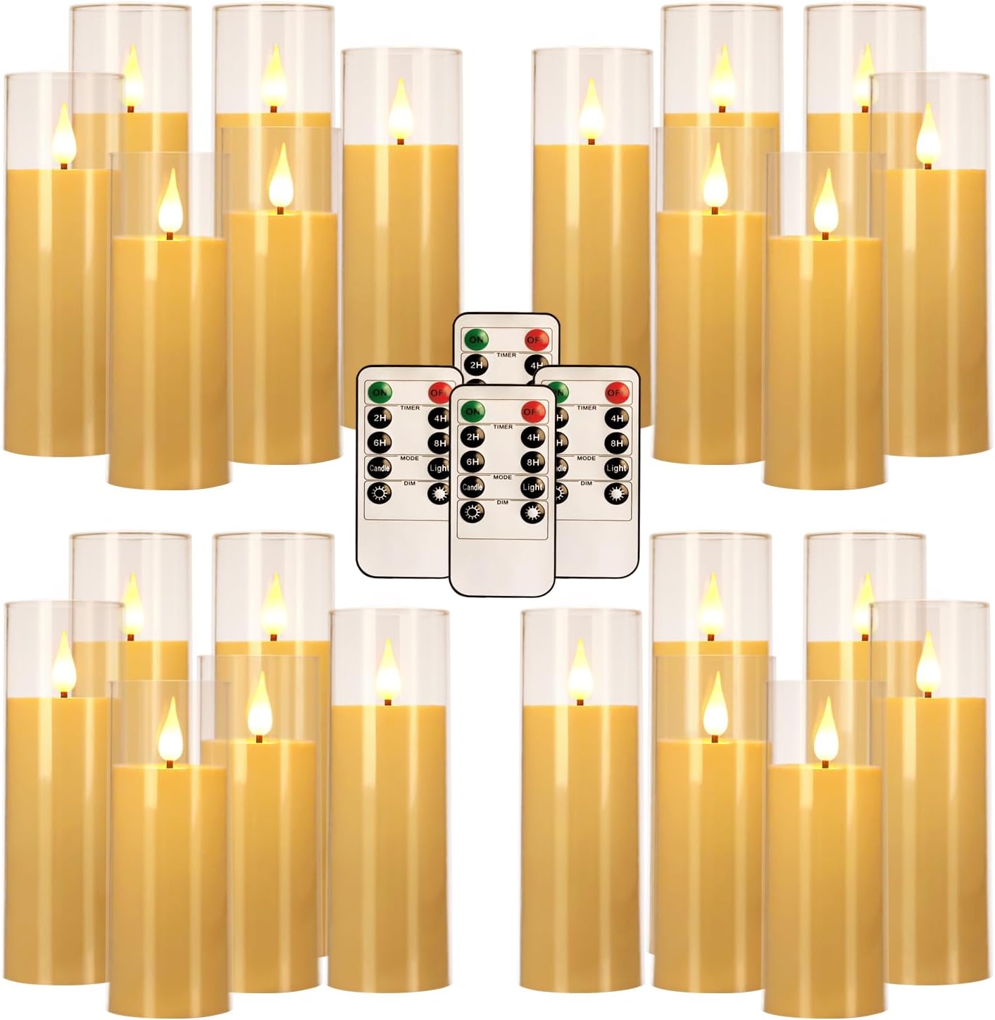 24 Pcs LED Flameless Candles with Remote, 3D Flickering Flame & LED String Lights, Acrylic Clear Cylinder, Timer Function, Romantic Ambience for Home Decor, Party, Wedding (Ivory).