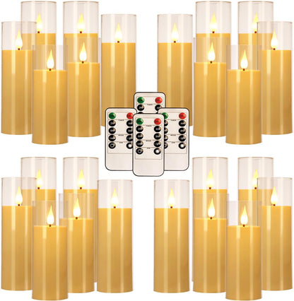 24 Pcs LED Flameless Candles with Remote, 3D Flickering Flame & LED String Lights, Acrylic Clear Cylinder, Timer Function, Romantic Ambience for Home Decor, Party, Wedding (Ivory).