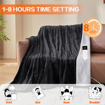 Electric Heated Blanket Throw Size 50''x60''-Control Heating Blanket, Soft & Warm Flannel 10-Level Temperature Control, 8 Hours Auto Off, Rapid Heating & Overheat Protection