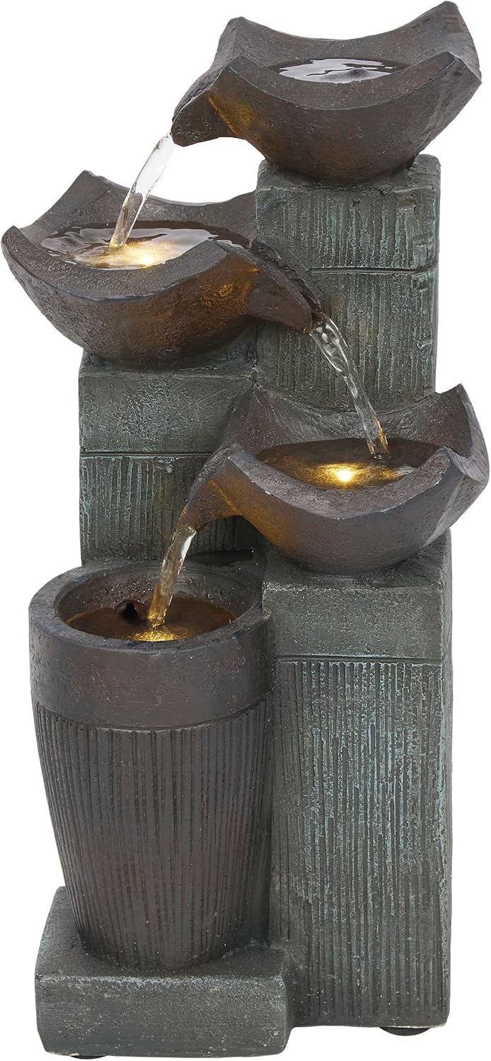 Alpine Corporatio 14" Tall Stoned Jar Cascading Water Fountain with LED Lights, Elegant Tabletop Water Feature for Home, Office, Living Room, and Bedroom Decor, Gray