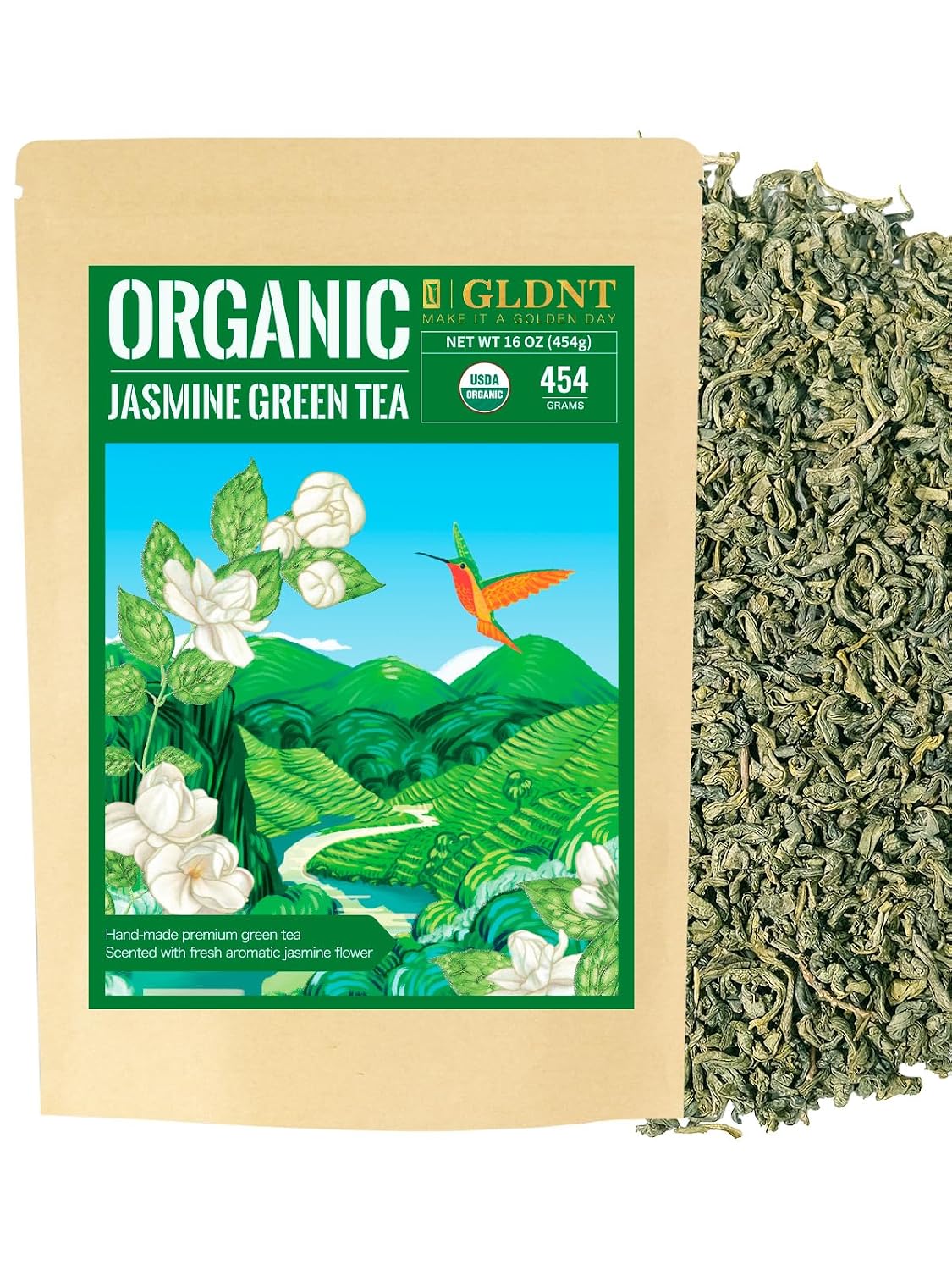 GLDNT Organic Jasmine Green Tea, Loose Leaf, Delicate Smooth Flavor, 16oz