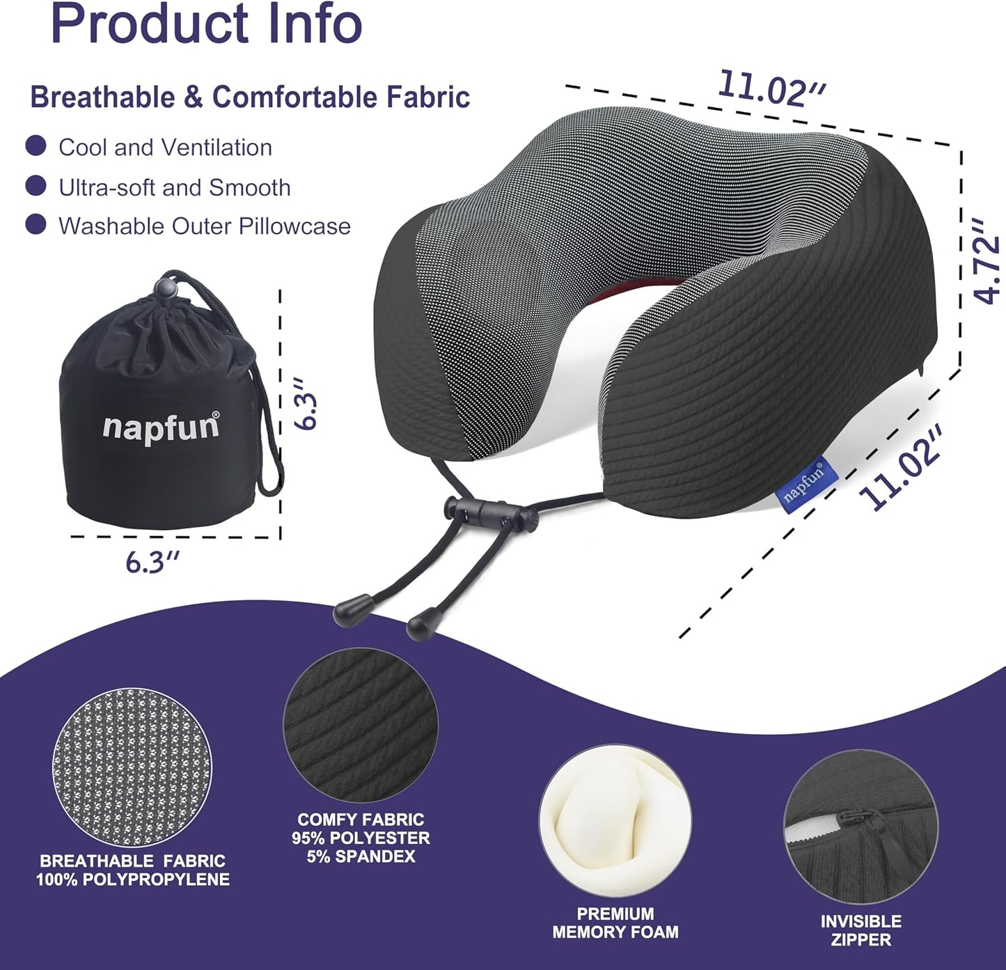 napfun Neck Pillow for Traveling, Upgraded Travel Neck Pillow for Airplane 100% Pure Memory Foam Travel Pillow for Flight Headrest Sleep, Portable Plane Accessories, Light Grey