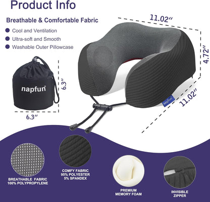 napfun Neck Pillow for Traveling, Upgraded Travel Neck Pillow for Airplane 100% Pure Memory Foam Travel Pillow for Flight Headrest Sleep, Portable Plane Accessories, Light Grey