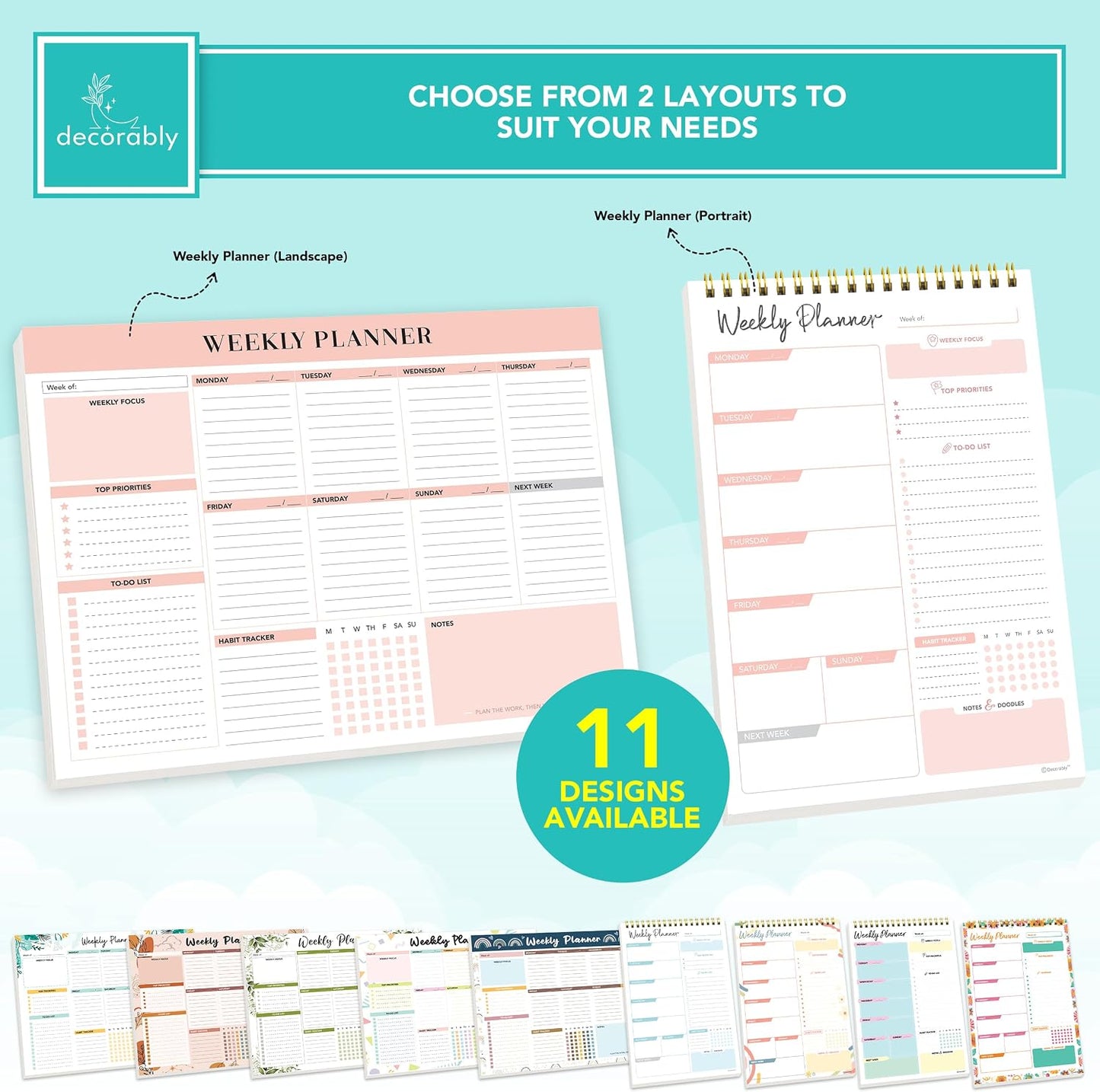 Decorably 52 Sheets Blue Undated Weekly Planner Notepad - 6.5x10in Spring-Bound, Easy Tear-Off Design, with Focus, Priorities, to-do List, Habit Tracker & Notes - Home, School, Office