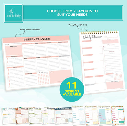 Decorably 52 Sheets Blue Undated Weekly Planner Notepad